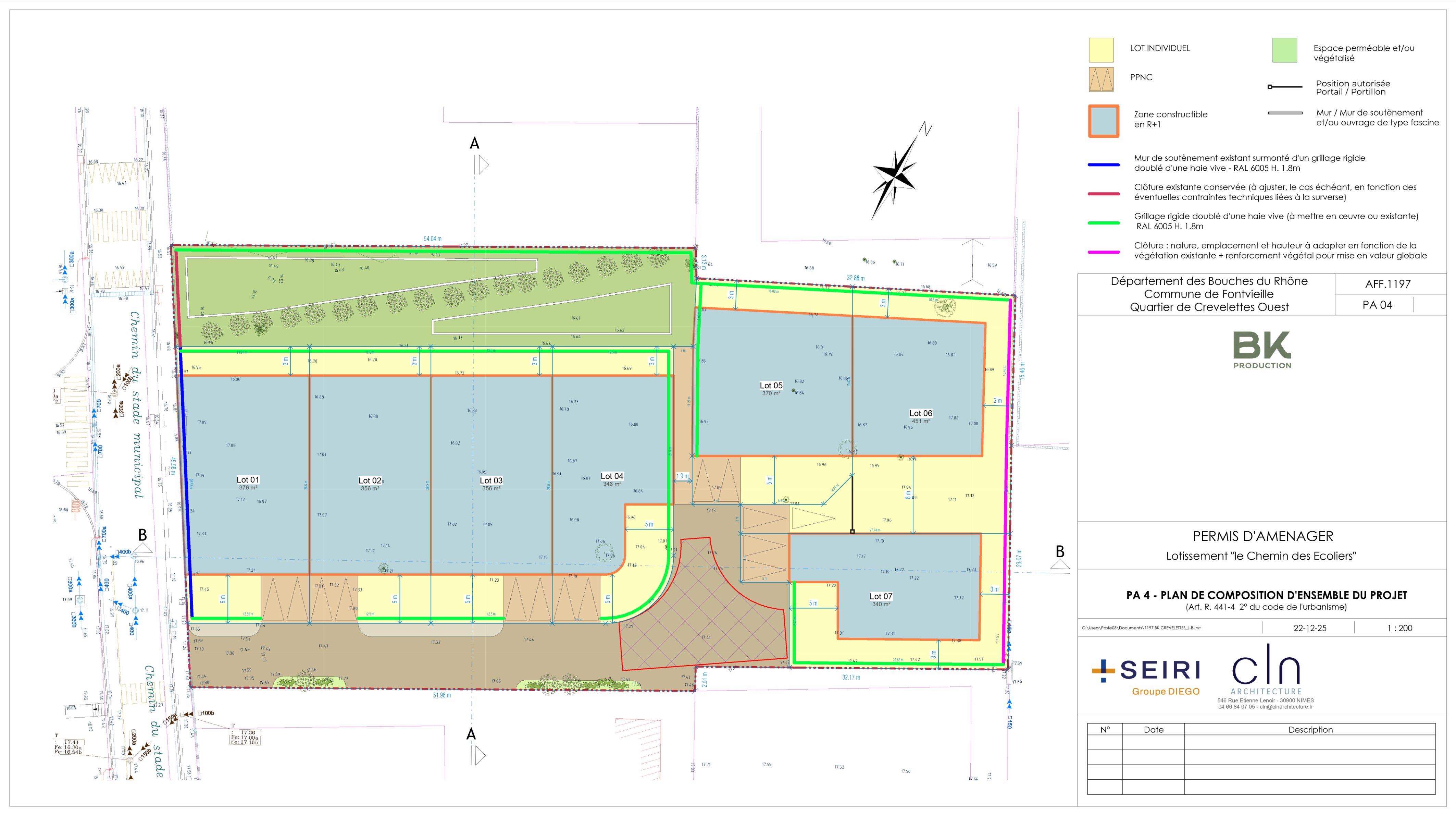 Plan de masse — Le Chemin des Écoliers · 7 lots de 306 à 401 m²